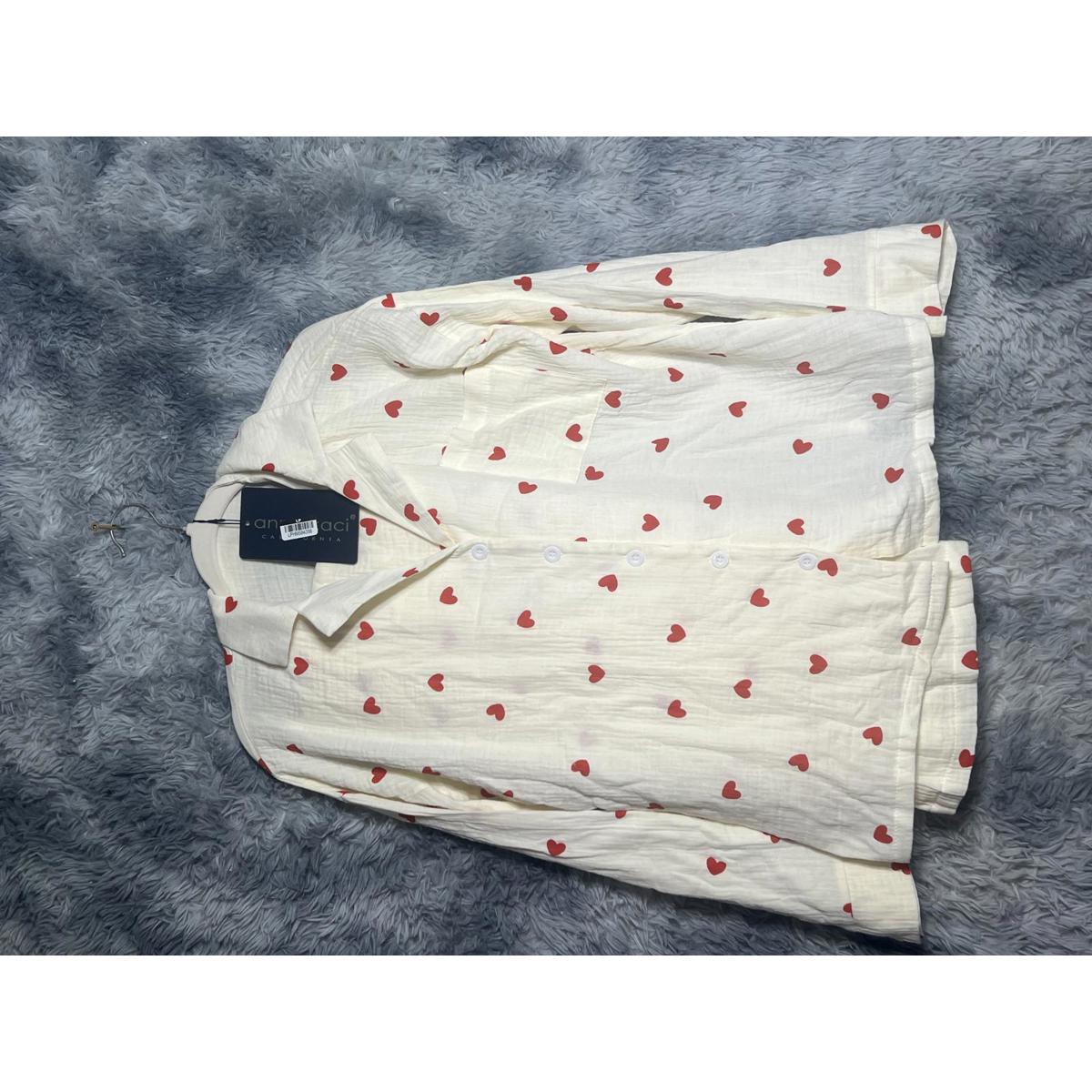 Anna Kaci Women's Cream Pajama Set With Red Heart Print, Size Large